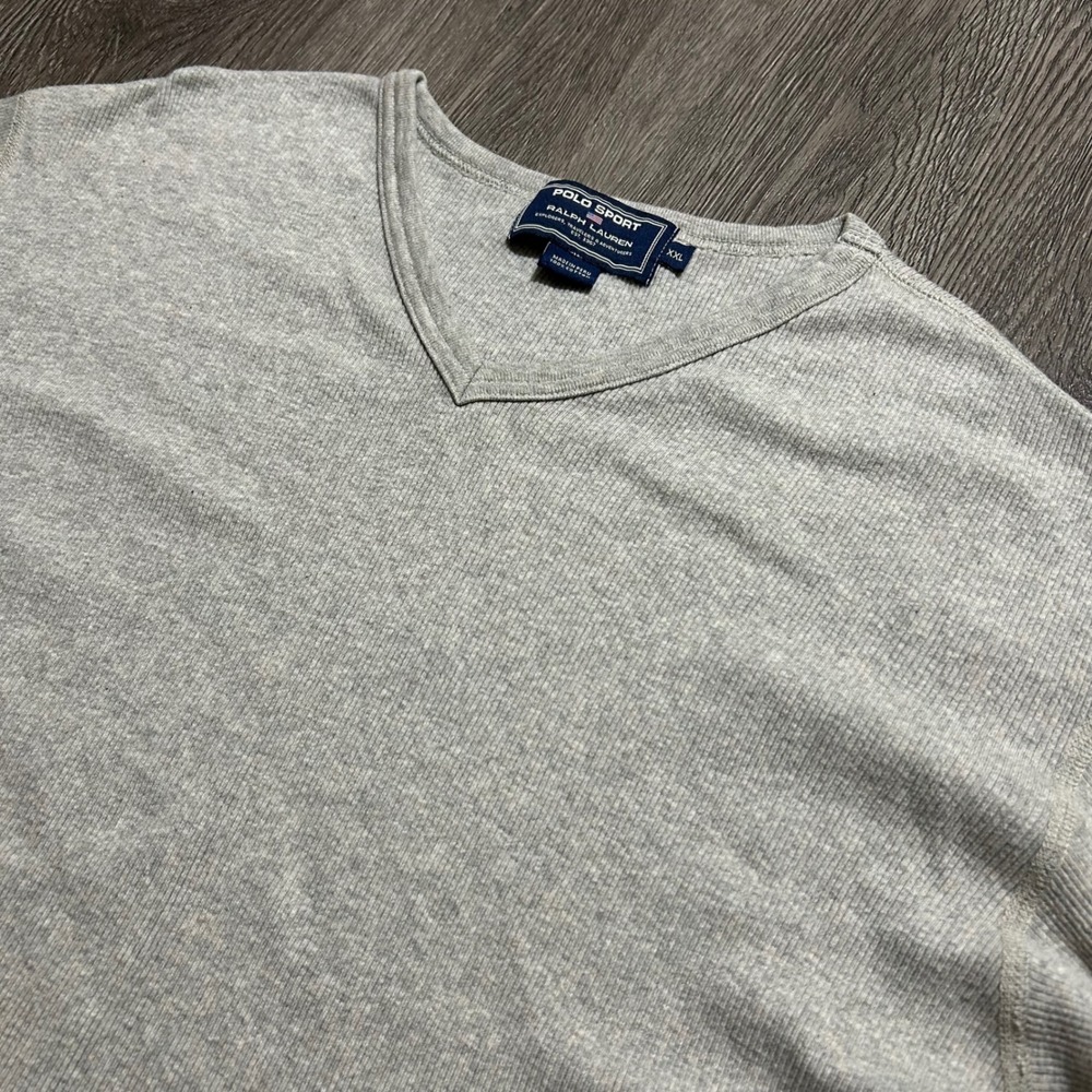 Polo Sport Ralph Lauren T-Shirt XXL Gray V-Neck Ribbed Cotton Short Sleeve